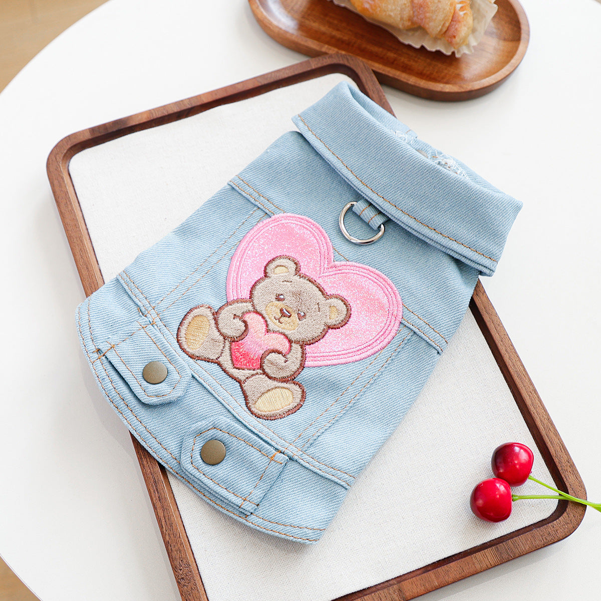 Pink Heart Bear Dog Cat Denim Harness Jacket