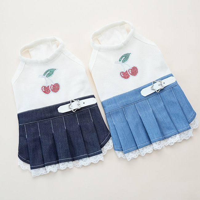 Rhinestone Cherry Belt Denim Dog Cat Dress