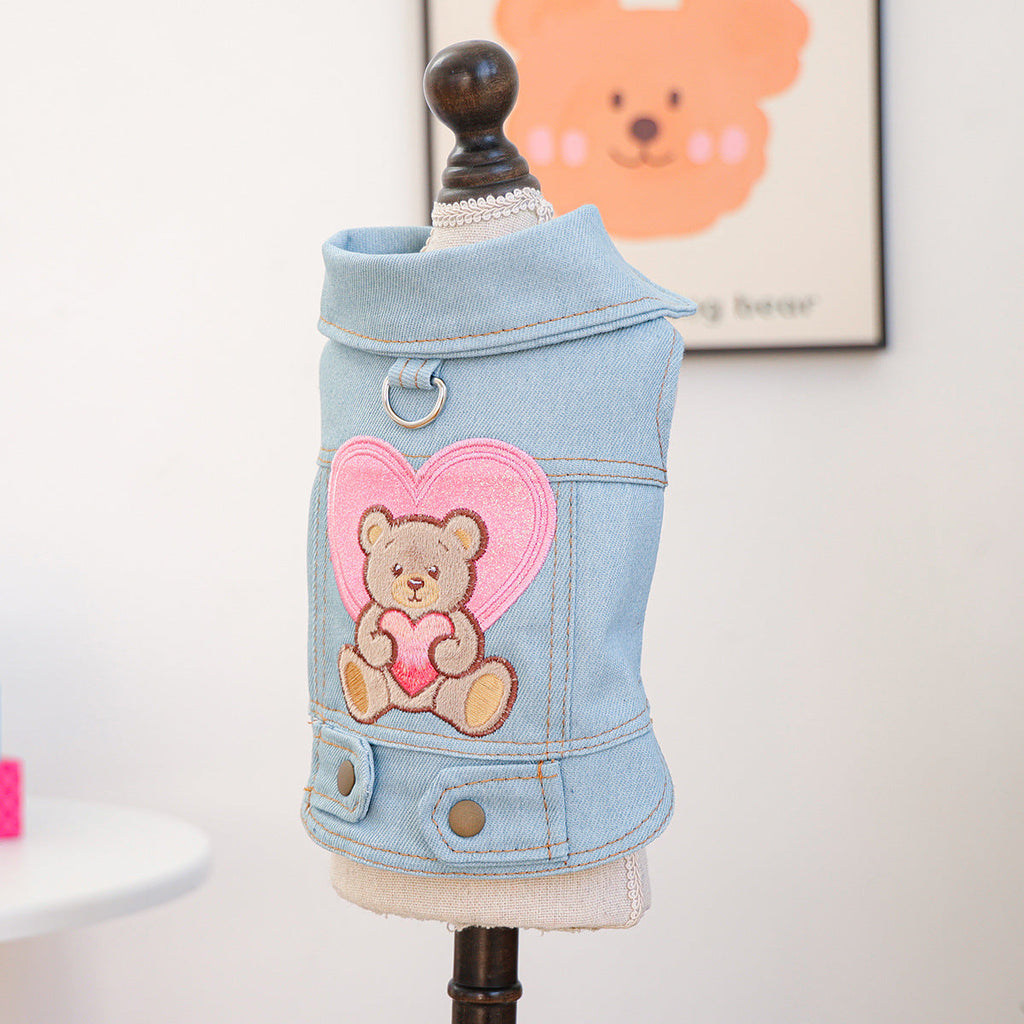 Pink Heart Bear Dog Cat Denim Harness Jacket
