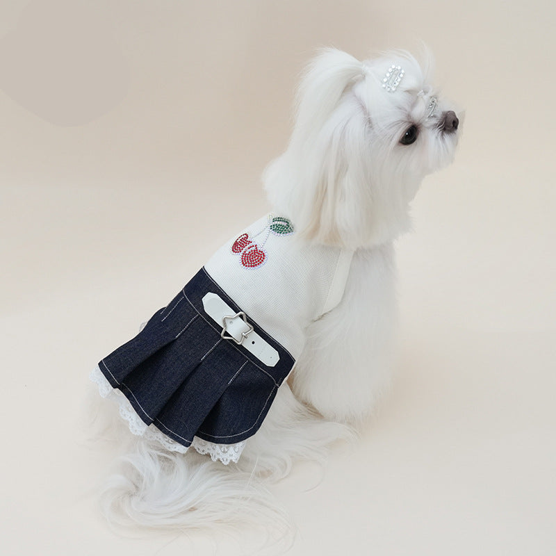 Rhinestone Cherry Belt Denim Dog Cat Dress