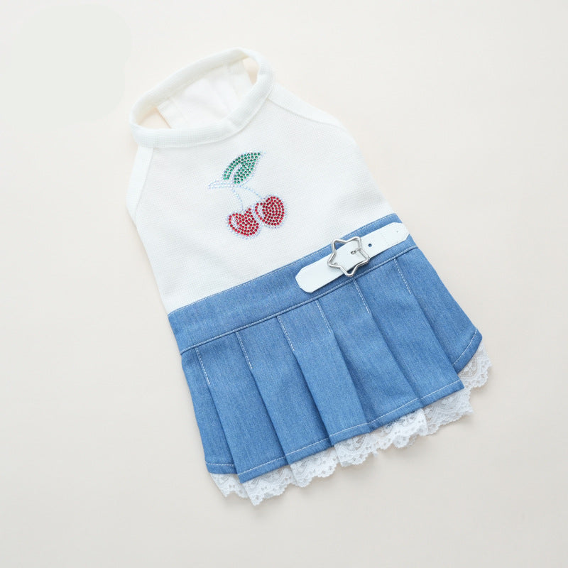 Rhinestone Cherry Belt Denim Dog Cat Dress