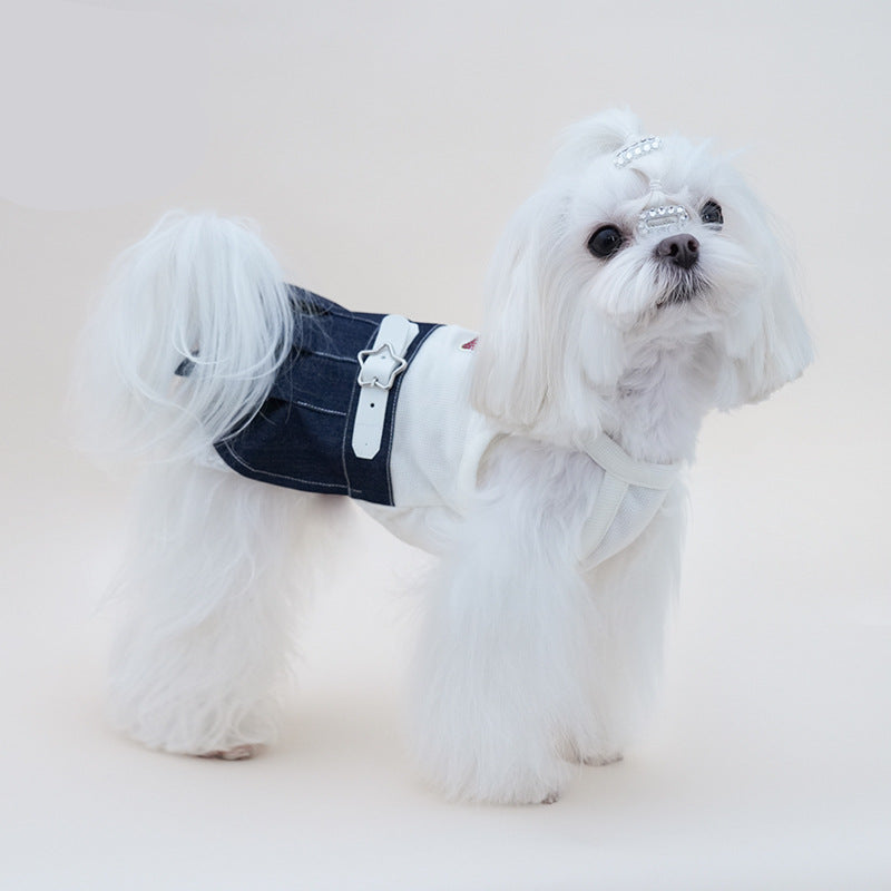 Rhinestone Cherry Belt Denim Dog Cat Dress