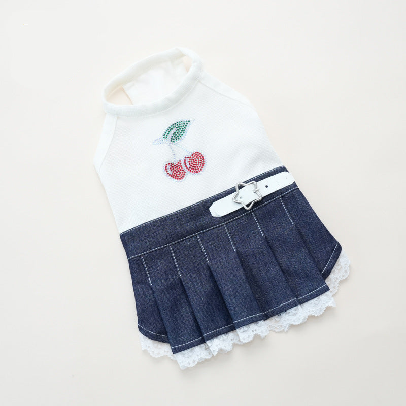 Rhinestone Cherry Belt Denim Dog Cat Dress