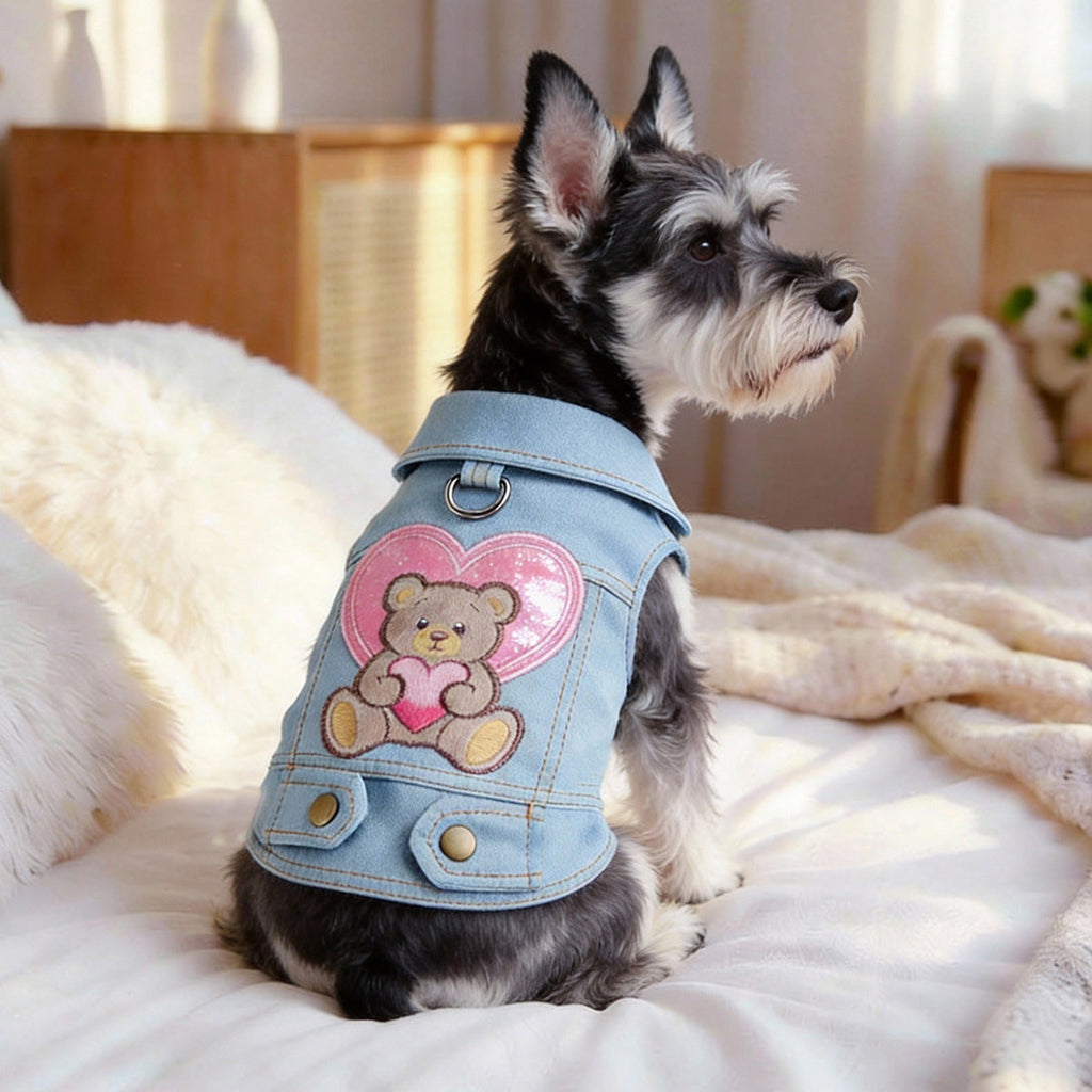 Pink Heart Bear Dog Cat Denim Harness Jacket