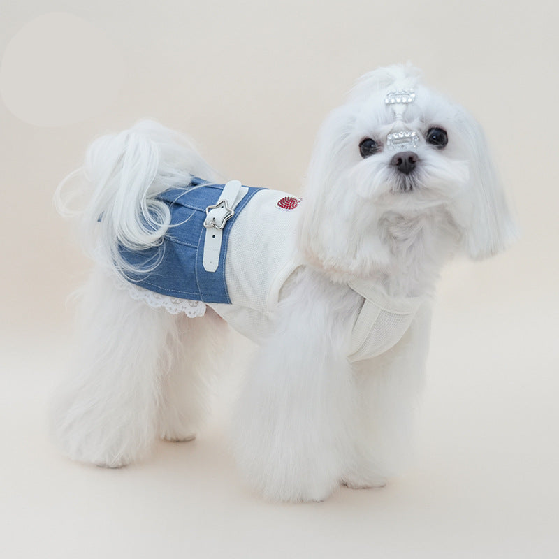 Rhinestone Cherry Belt Denim Dog Cat Dress